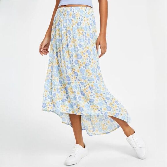 Hippie Rose Women's Ivory Blue Rayon High Low Printed Maxi Skirt Large NWT - Picture 1 of 11